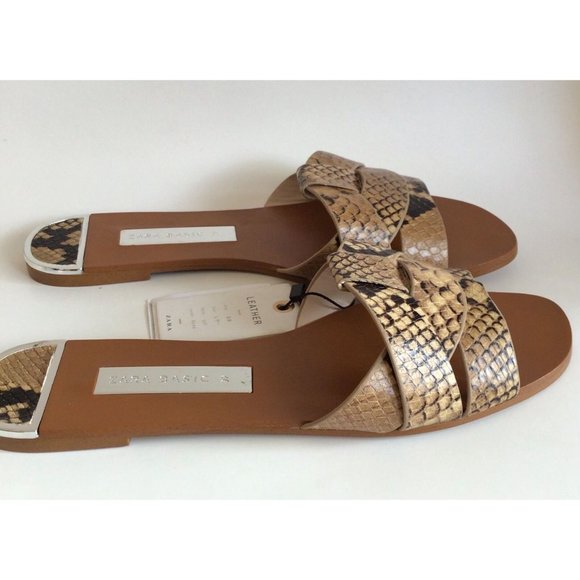 NEW ZARA Basic Collection Snakeskin Embossed Leather Slides - Picture 5 of 11